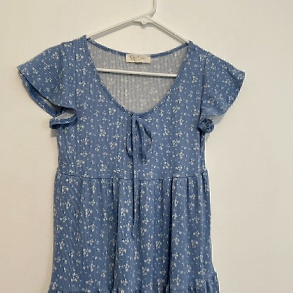 JESSICA SIMPSON Blue White Ditsy Floral Bow Flutter Sleeve Mini Babydoll Dress S - Picture 4 of 14